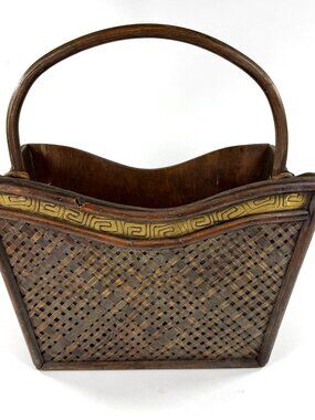 Vintage Wooden & Woven Stamped Metal Basket Handmade with Handle Asian Design